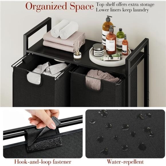 Laundry Basket Organizer, Laundry Hamper with Shelf & 2 Pull-Out Removable Bags - Picture 4 of 7